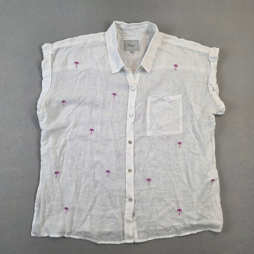 Rails Whitney White Linen Blend Fuchsia Embroidered Palm Tree Button Down Top XL